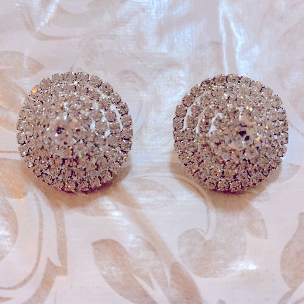 Vintage Rhinestones Pierced Earrings Silver Tone Metal Glam Bling 1”